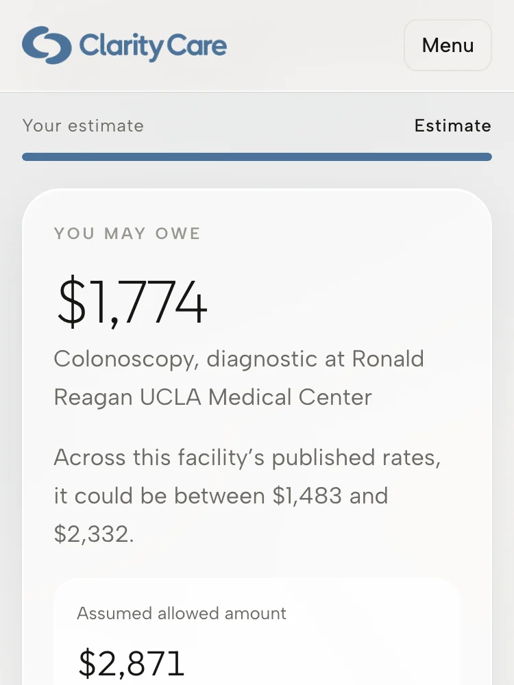 A finished estimate, opening with what you may owe and the range across the facility's published rates.
